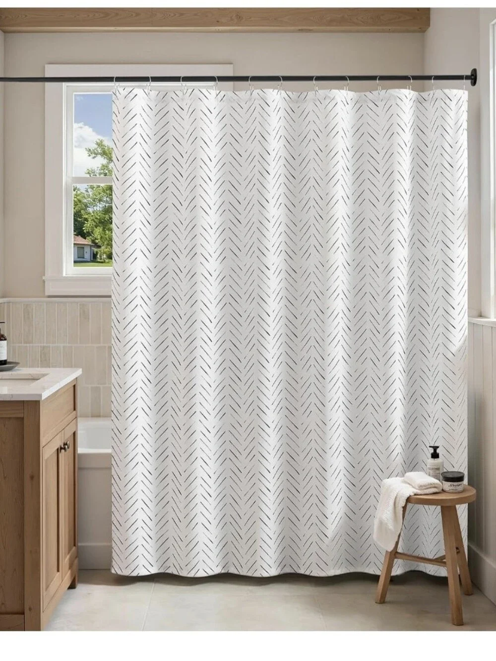 jinchan Shower Curtain Inky Moss Taupe Herringbone Chevron Curtain, Liner, Hooks